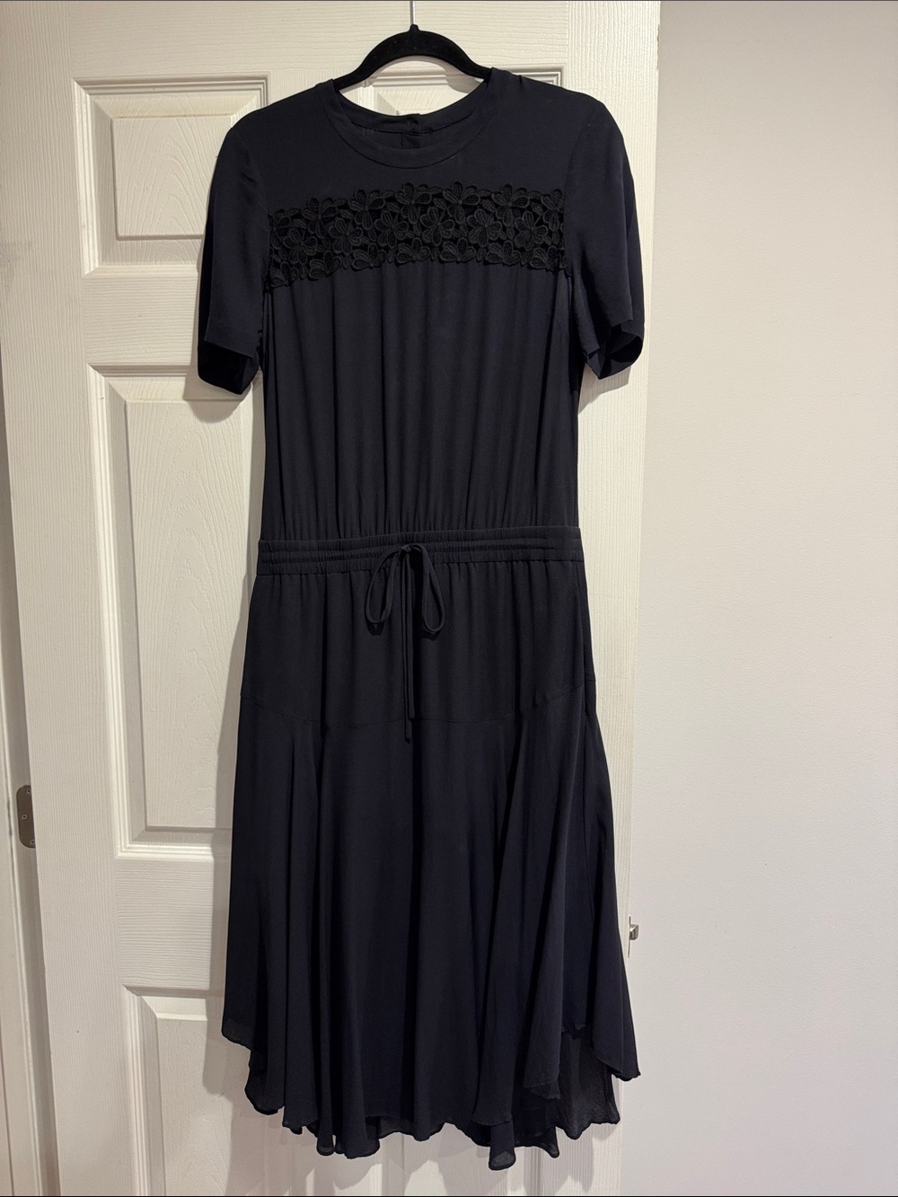 A.L.C. Black Short Sleeve Midi Dress with Floral Lace Yoke size 8